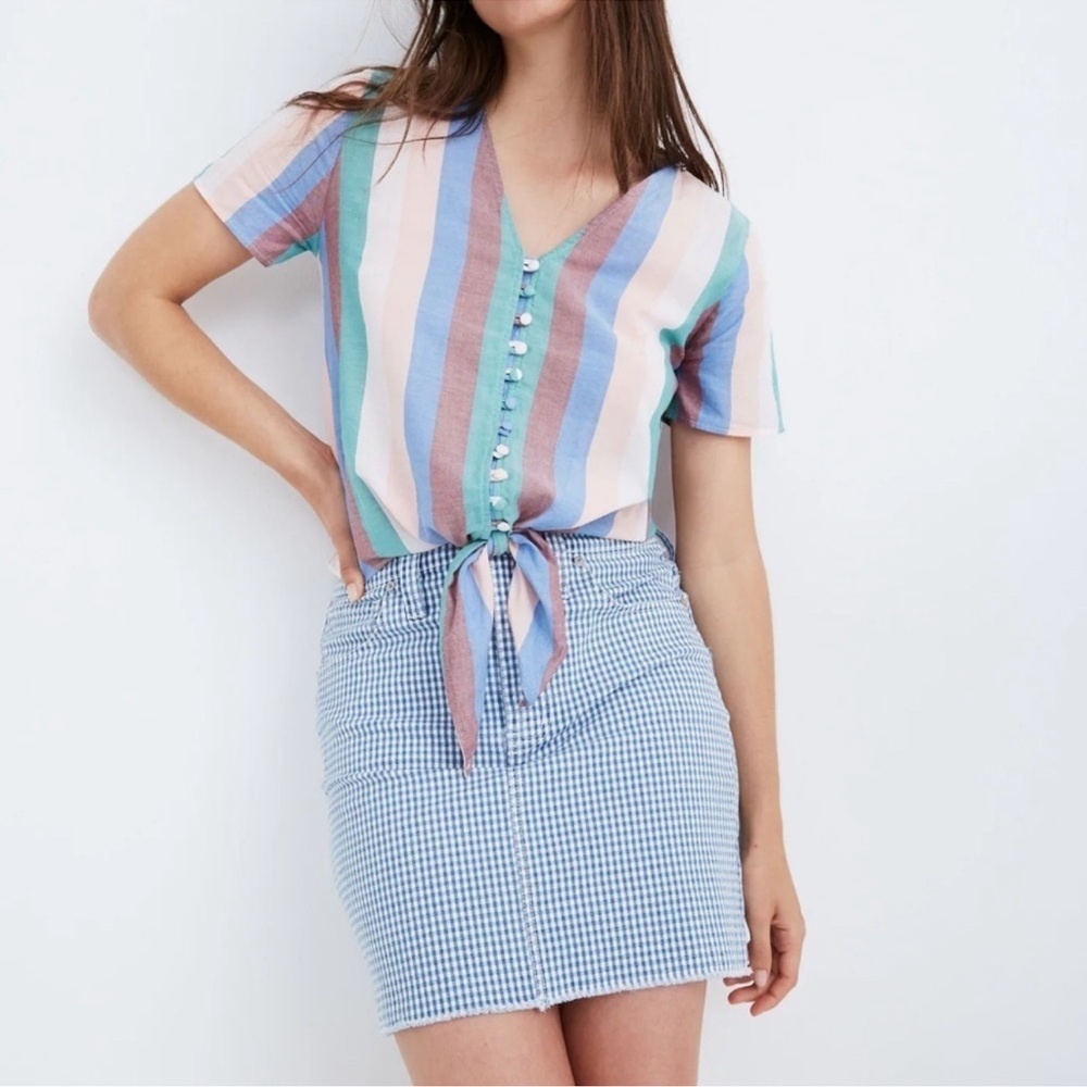Madewell Novel Tie-Front Button Top in Flagstaff Stripe  Multicolor Preppy - Picture 2 of 7